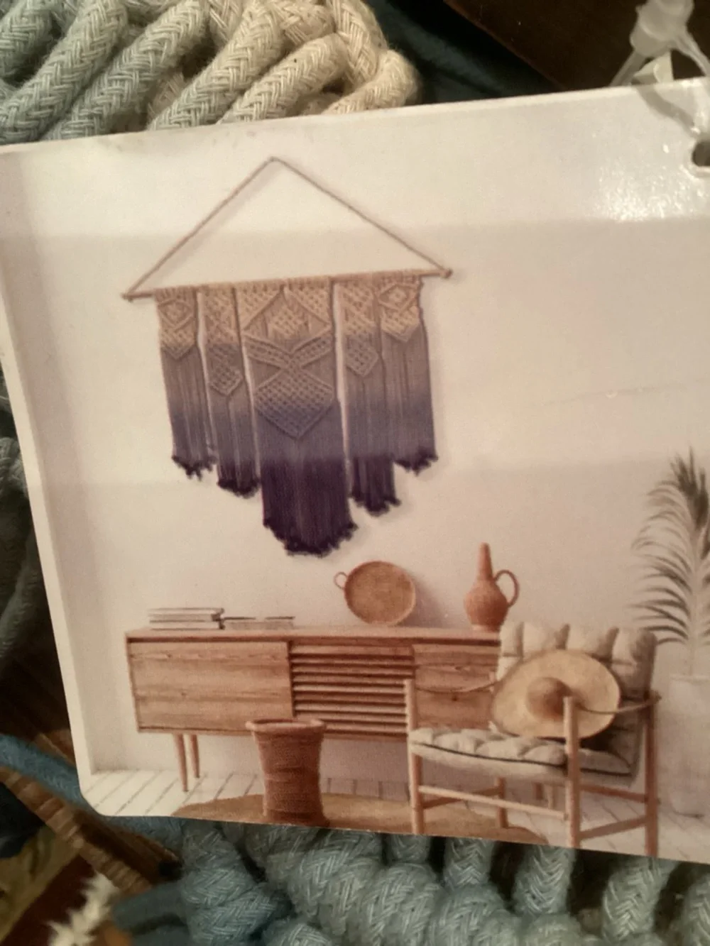 Handmade Macramé Wall Hanging in Cream and Blue